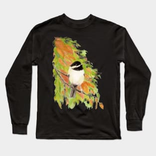 Watercolor Autumn Chickadee Bird Long Sleeve T-Shirt